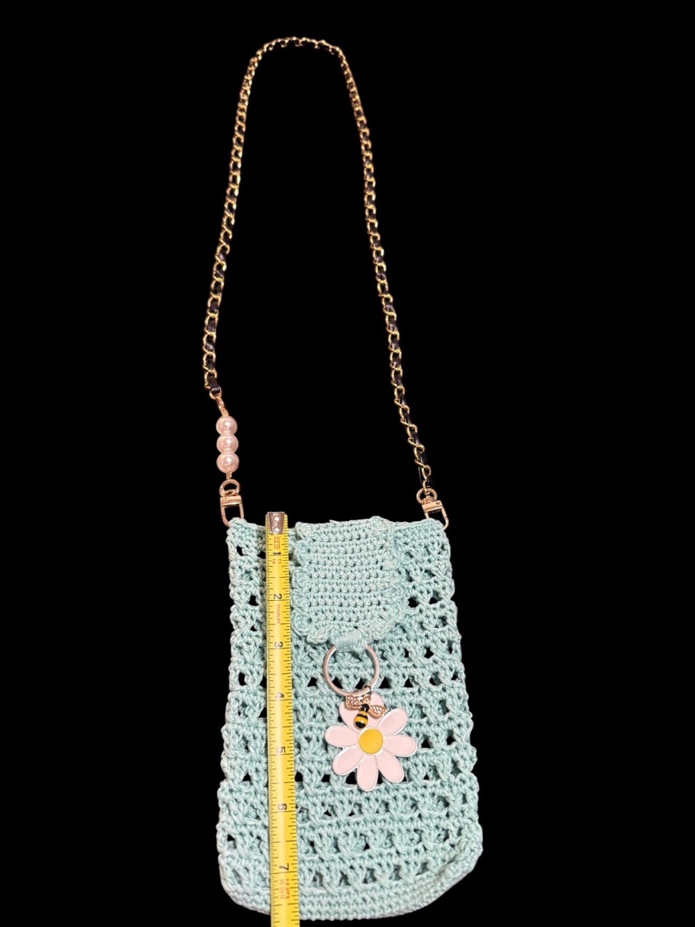 Mint Crochet Crossbody Bag with White Daisy Charm Hand Woven.
